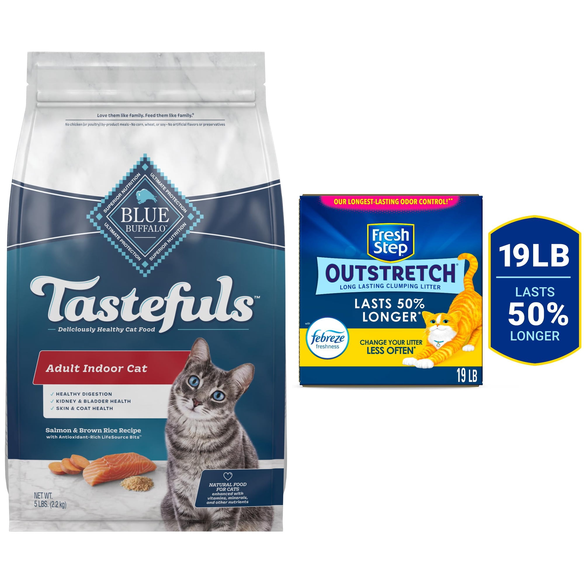 Bundle: Blue Buffalo Tastefuls Indoor Natural Adult Dry Cat Food, Salmon 5lb bag & Fresh Step Outstretch Long Lasting Concentrated Litter with Febreze, Clumping Cat Litter, 19 lb