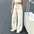 thumbnail image 7 of CPNG Girls Cargo Pants Solid Color Elastic High Waist Straight Wide Leg Baggy Cargo Sweatpants Lightweight Streetwear Casual Cargo Trousers, 7 of 7