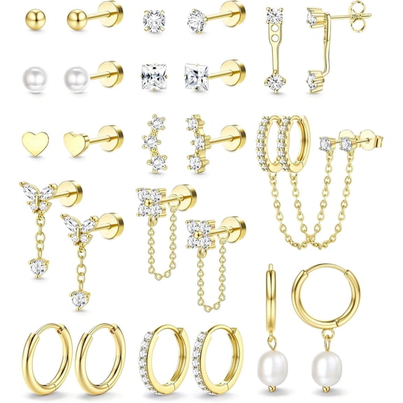 Hypoallergenic Flat Back Earrings Set for Women, Surgical 14K Gold Plated Cartilage Earring Stacks for Multiple Piercing Jewelry