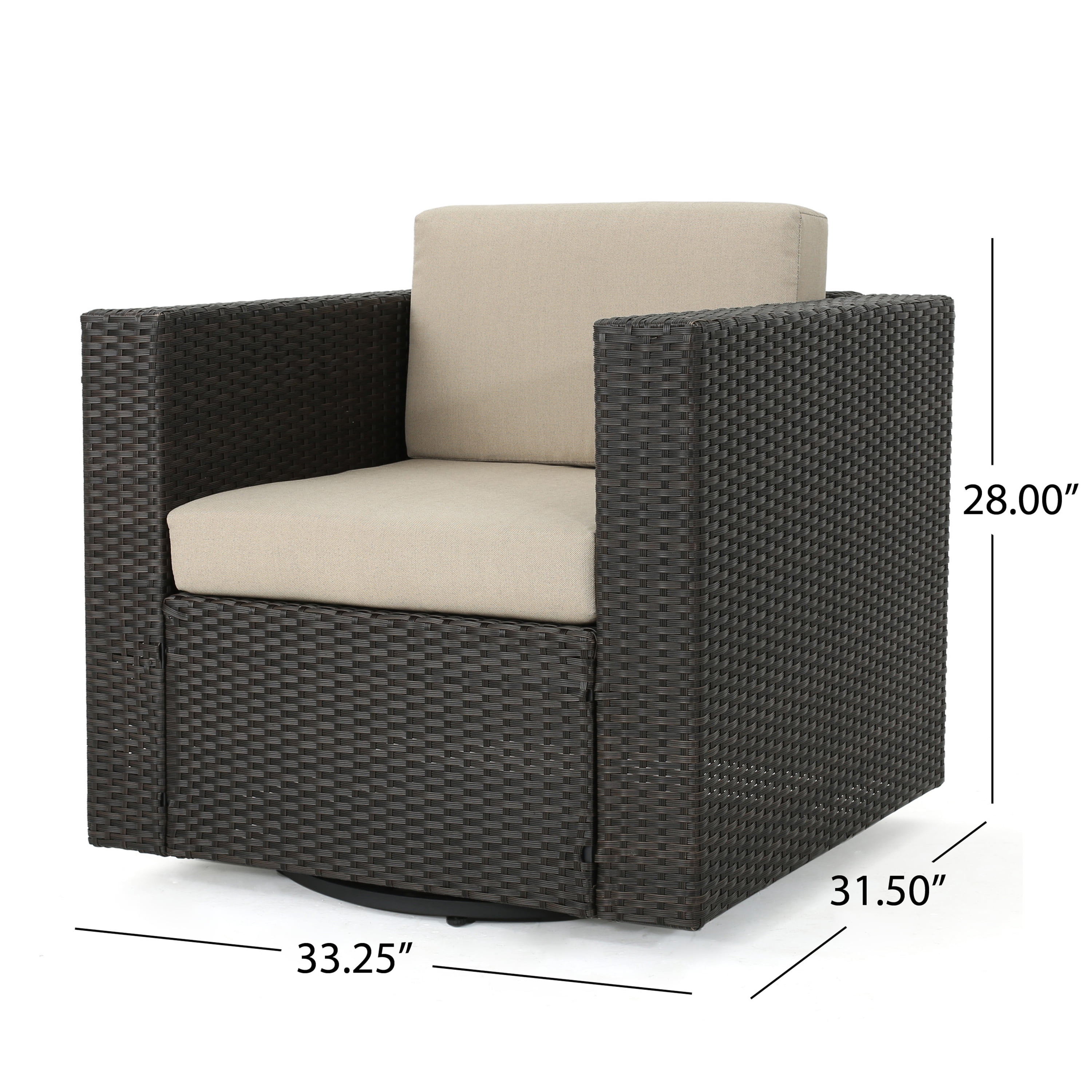 Lola Outdoor 5 Piece Swivel Wicker Club Chair Set with cushions and Round Fire Pit, Dark Brown, Beige, Light Gray
