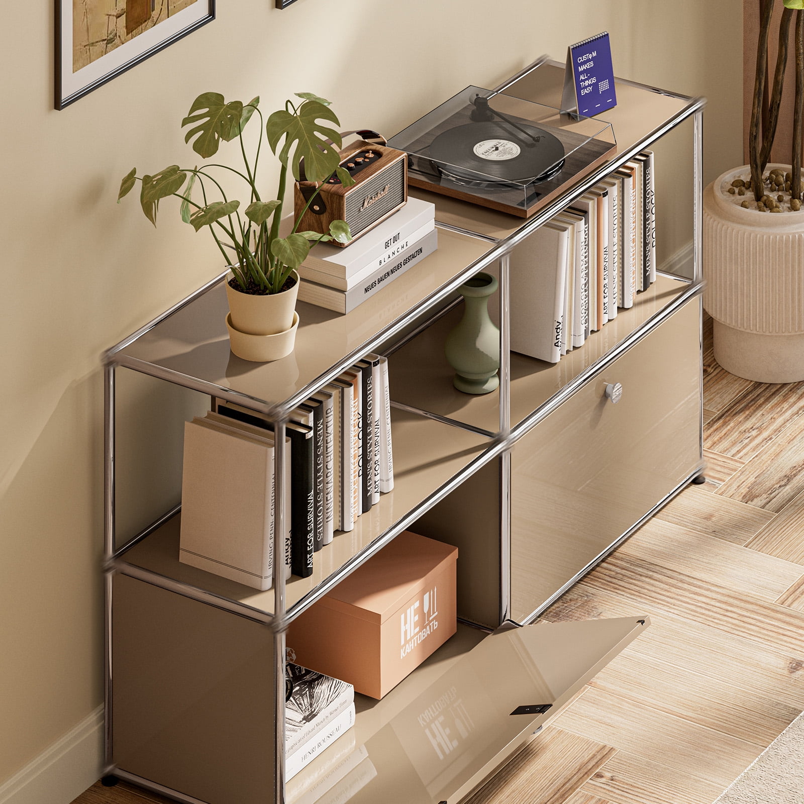 Modern Accent Cabinets with 2 Doors and Shelf,Freestanding Metal Storage Cabinet for Living Room,Brown