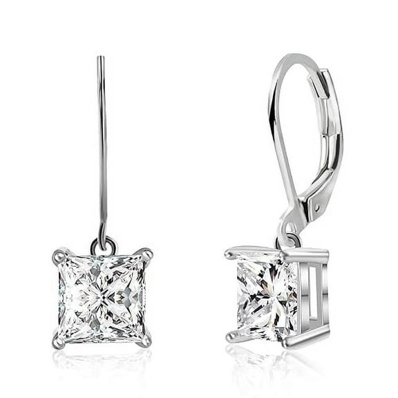 dreamofdazzle Jewels 1.38 Ct Princess Cut White Diamond Lever Back Drop Earring' For Women's 925 Sterling Silver 14K White Gold Plated