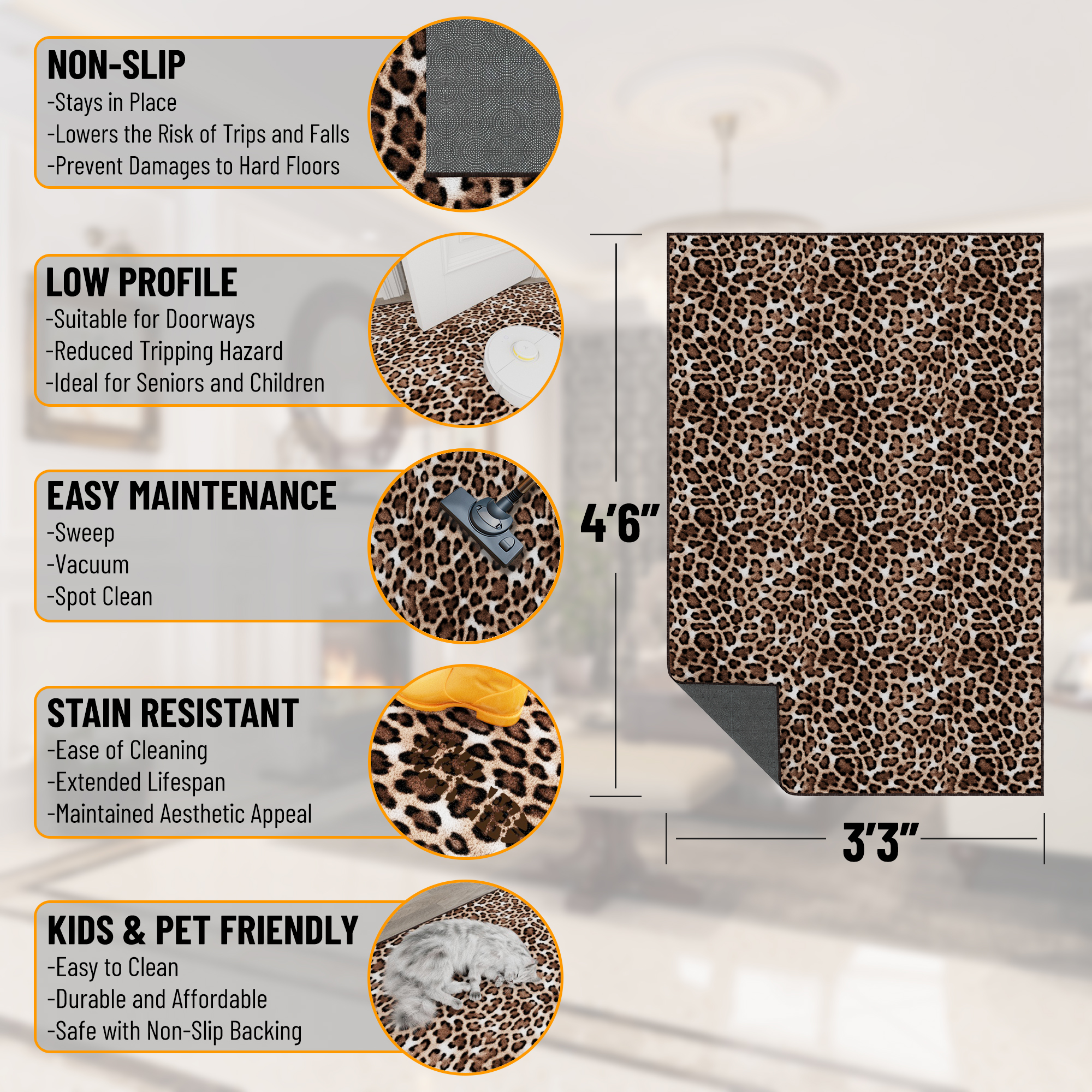 Ottomanson Non-Slip Washable Area Rug for Living Room Durable Low Profile Bedroom Carpet 3'3" x 4'6" Leopard Print Brown