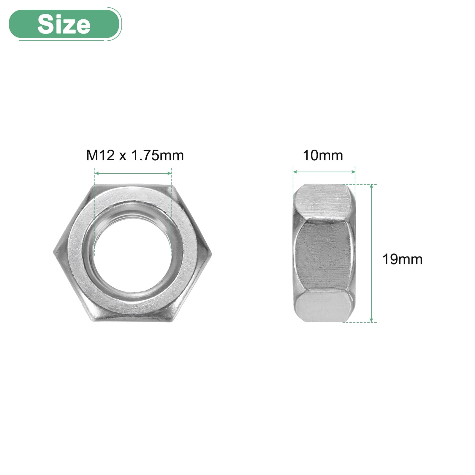 Uxcell 50 Pack Metric Hex Nuts M12 x 1.75mm Thread Stainless Steel Hexagon Nut for Machinery Automotive