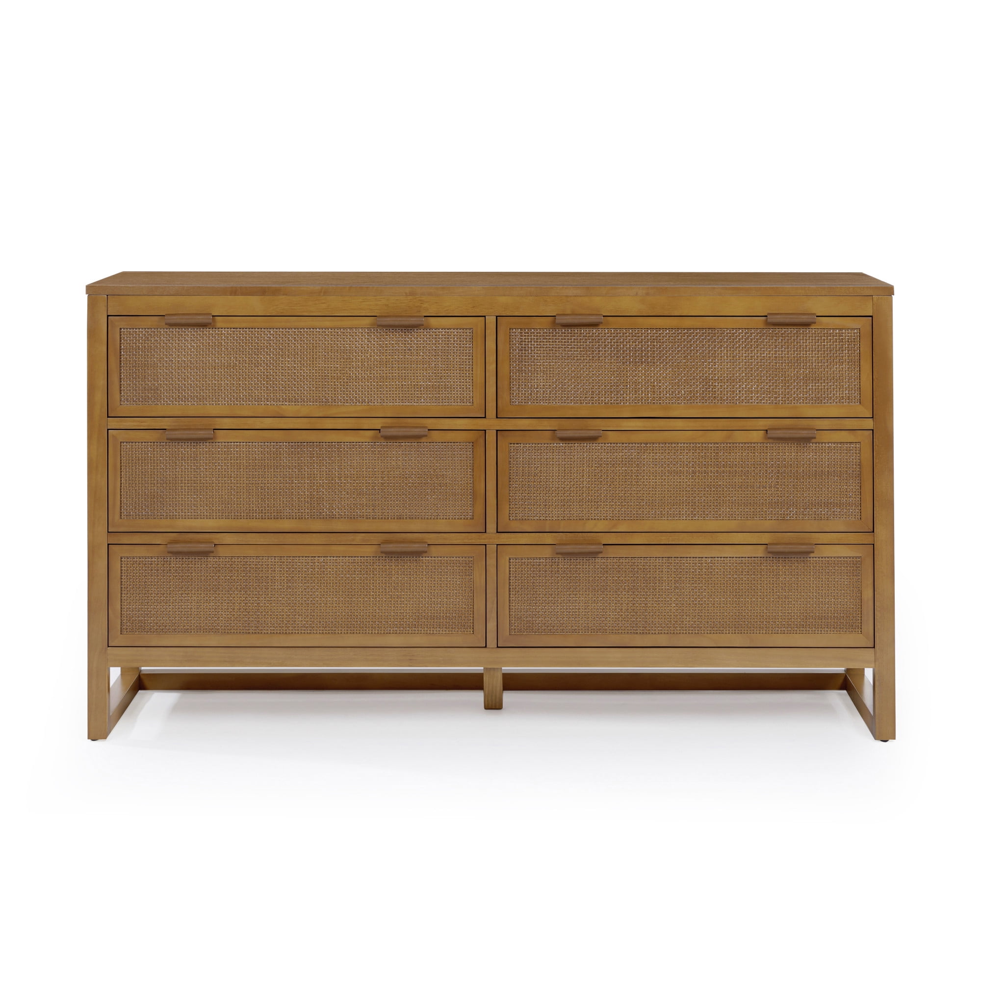 Teamson Home Hatteras Dresser with 6 Rattan Inset Drawers, Faux Leather Pulls & Deep Storage - Natural