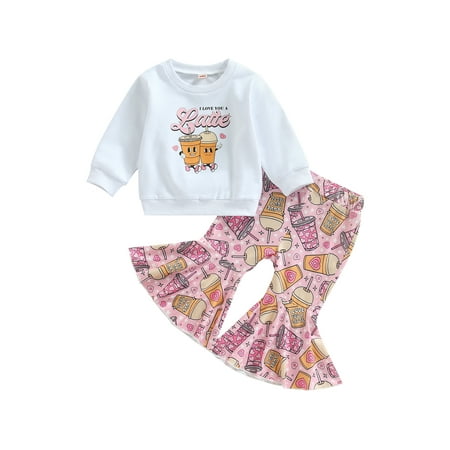 

xkwyshop Toddler Baby Girl Valentines Day Outfit Long Sleeve Letter Sweatshirt Tops Bell Bottoms Flare Pants Set Spring Clothes White
