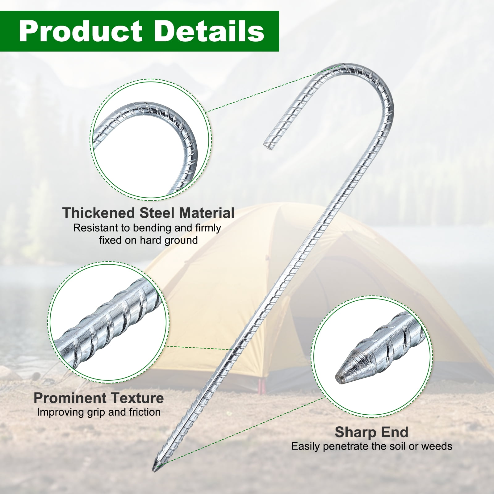 10 Pack Ground Stakes Heavy Duty J Shaped Stakes, 12 Inch Steel Tent Pegs 0.31" Dia J Hook Ground Anchors Link Fence Spikes with Chisel Point End for Garden Camping Gazebo, Silver