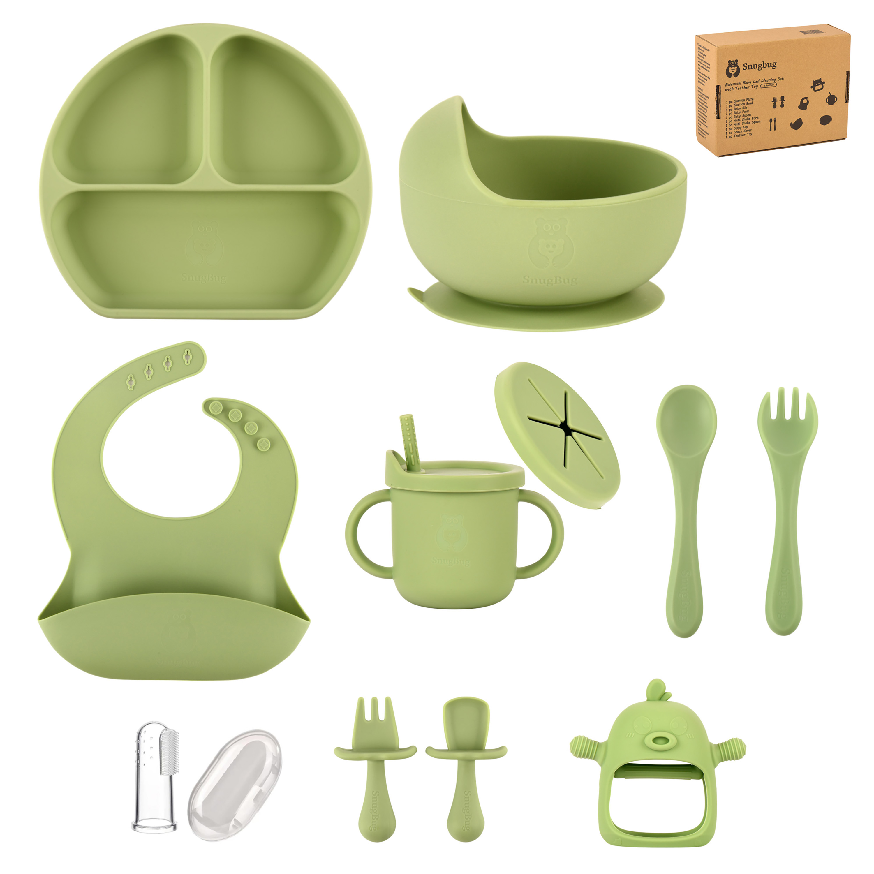 SnugBug Baby Led Weaning Supplies: Silicone Baby Spoons | Sippy Cup | Suction Plates | Baby Bowl | Baby Bib | Teething Toy