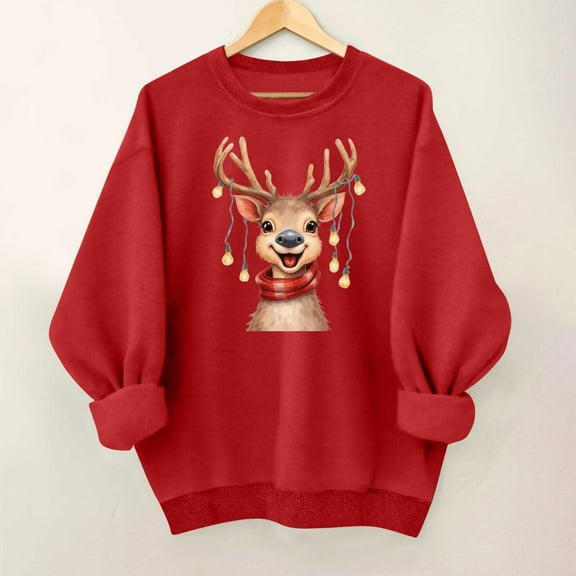 SYMOID Womens Red Christmas Cotton Sweatshirt - Reindeer String Lights Graphic, Crew Neck Long Sleeve Loose Fit Festive Pullover, Sizes S-XXL,Size XL