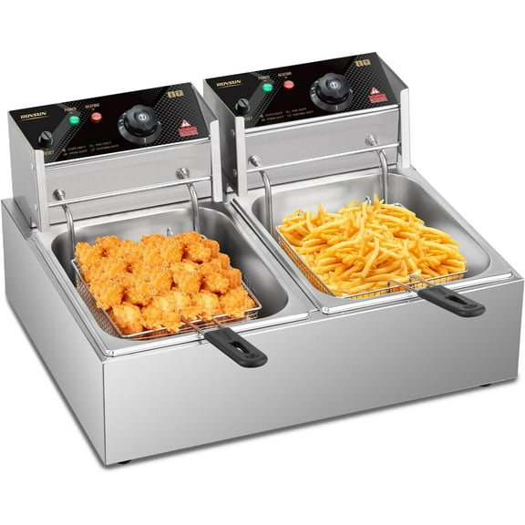 ROVSUN 22.8QT/21.6L Electric Deep Fryer, Countertop Commercial Stainless Steel Dual Tank Kitchen Fat Fryer Frying Machine w/Baskets Lids for French Fries Donuts, Adjustable Temp, 3400W