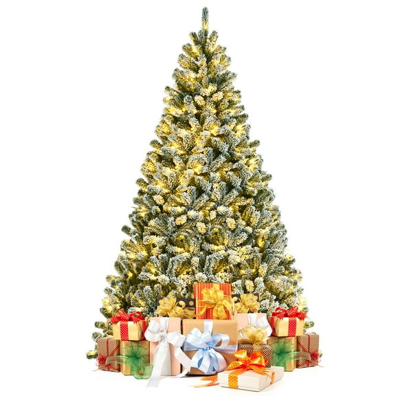 Gymax 8 FT Pre-lit Artificial Christmas Tree Snow Flocked Full Xmas Tree