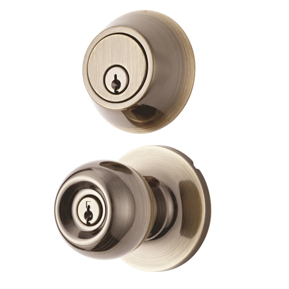 Keyed Entry Ball Doorknob Lock and Single Cylinder Deadbolt Antique Brass Finish Combo Pack