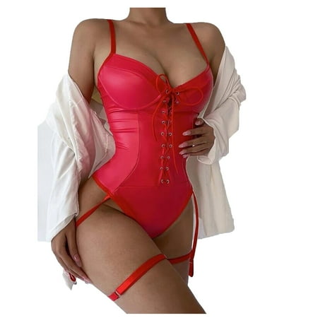 

BIZIZA Womens Babydoll Plus Size Strappy V Neck Leather Bodysuit Teddy Solid Color Sexy Lingerie Red M