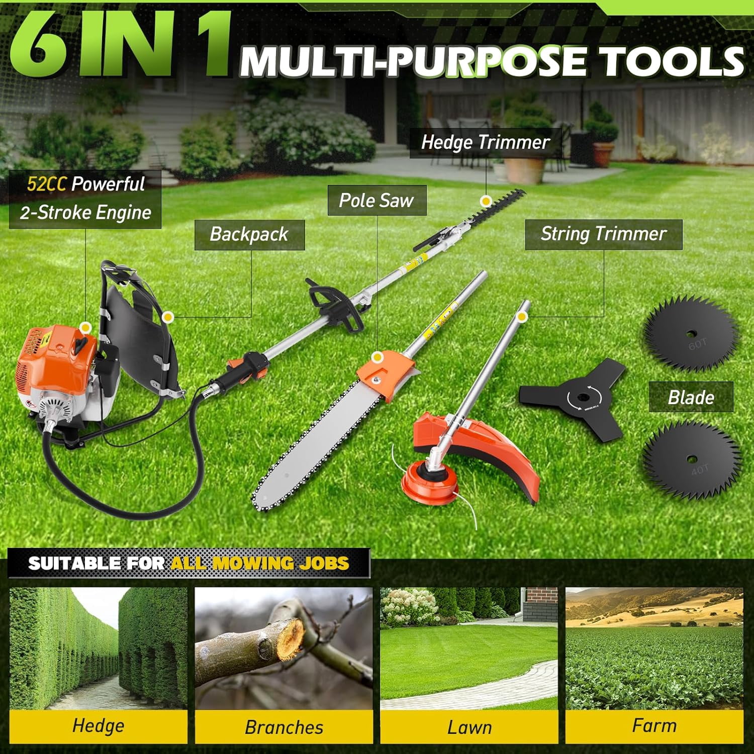 Datingday 52CC Gas Weed Wacker, 2-Stroke 6-in-1 Orange Gas Powered Weed Eater, Gas Hedge Trimmer, Backpack Style Gas Brush Cutter, Gas String Trimmer, Gas Pole Saw