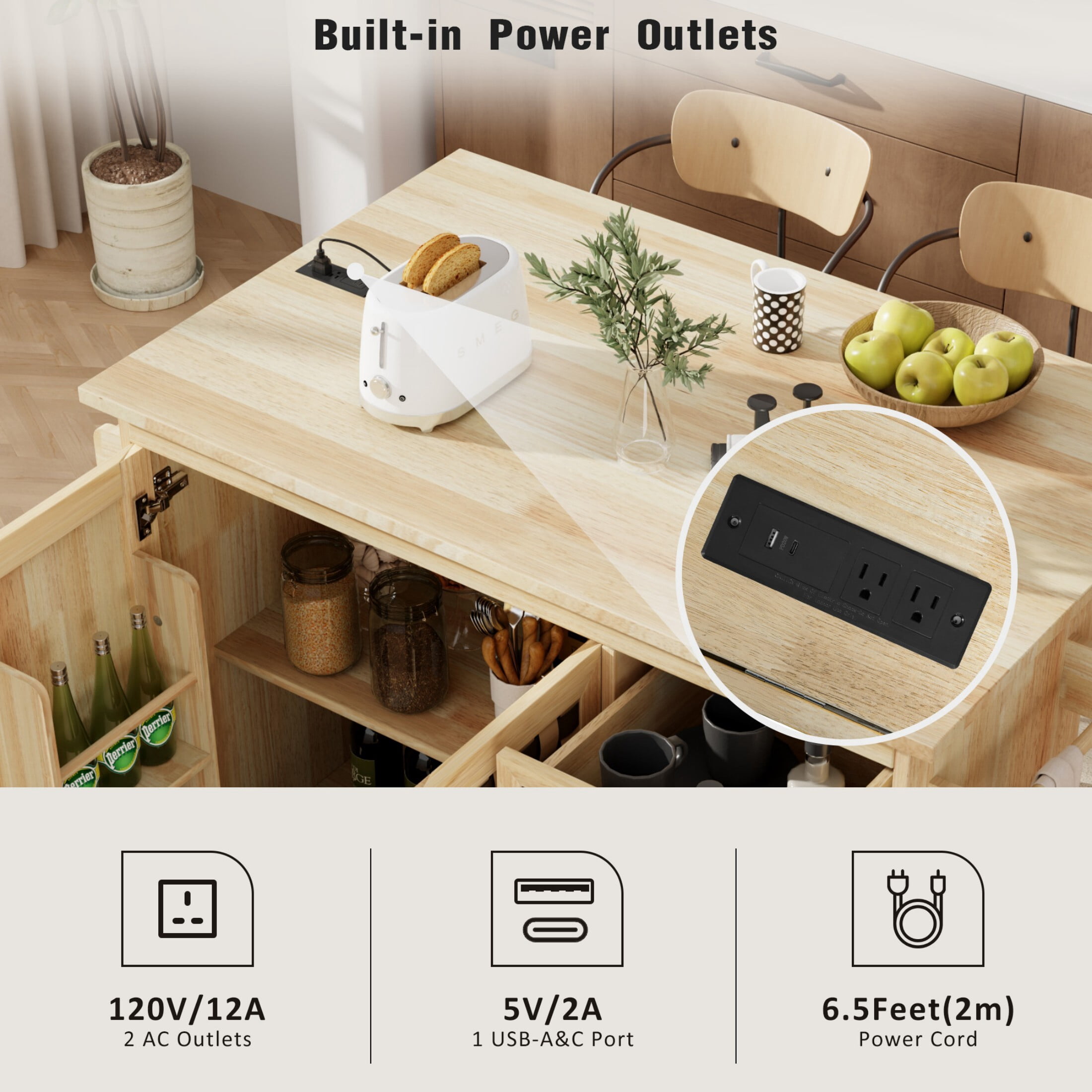 DEALTOPS 53.2'' Kitchen Island with Power Outlet and Drop Leaf, Moving Woven Checkerboard Design Kitchen Storage Carts, Natural
