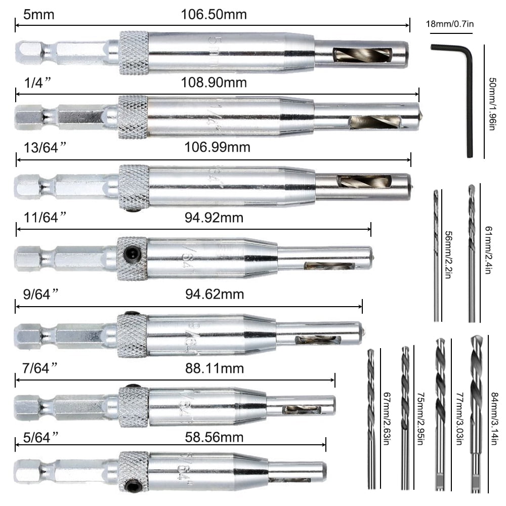 21 pcs Center Drill Bit Set, AFUNTA Self Centering Hinge Tapper Core Hole Puncher 5/64'' 7/64'' 9/64'' 11/64'' 13/64'' 5mm 1/4'' & 1 Pcs Hex Key & 10 Pcs Replacement Drill Bits