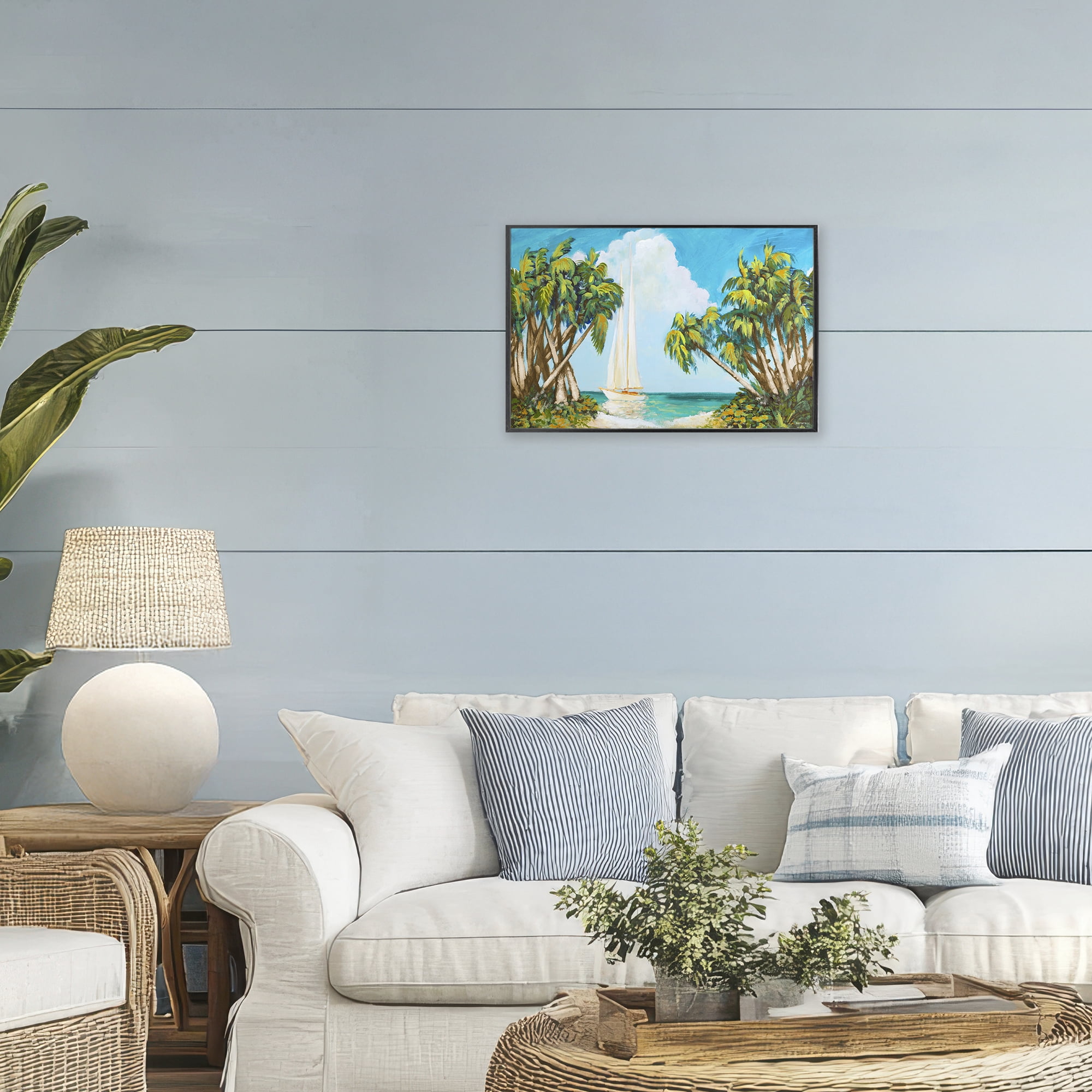 Stupell Industries Sailboat Among Palms Black Framed Giclee Art, design by Dan Meneely