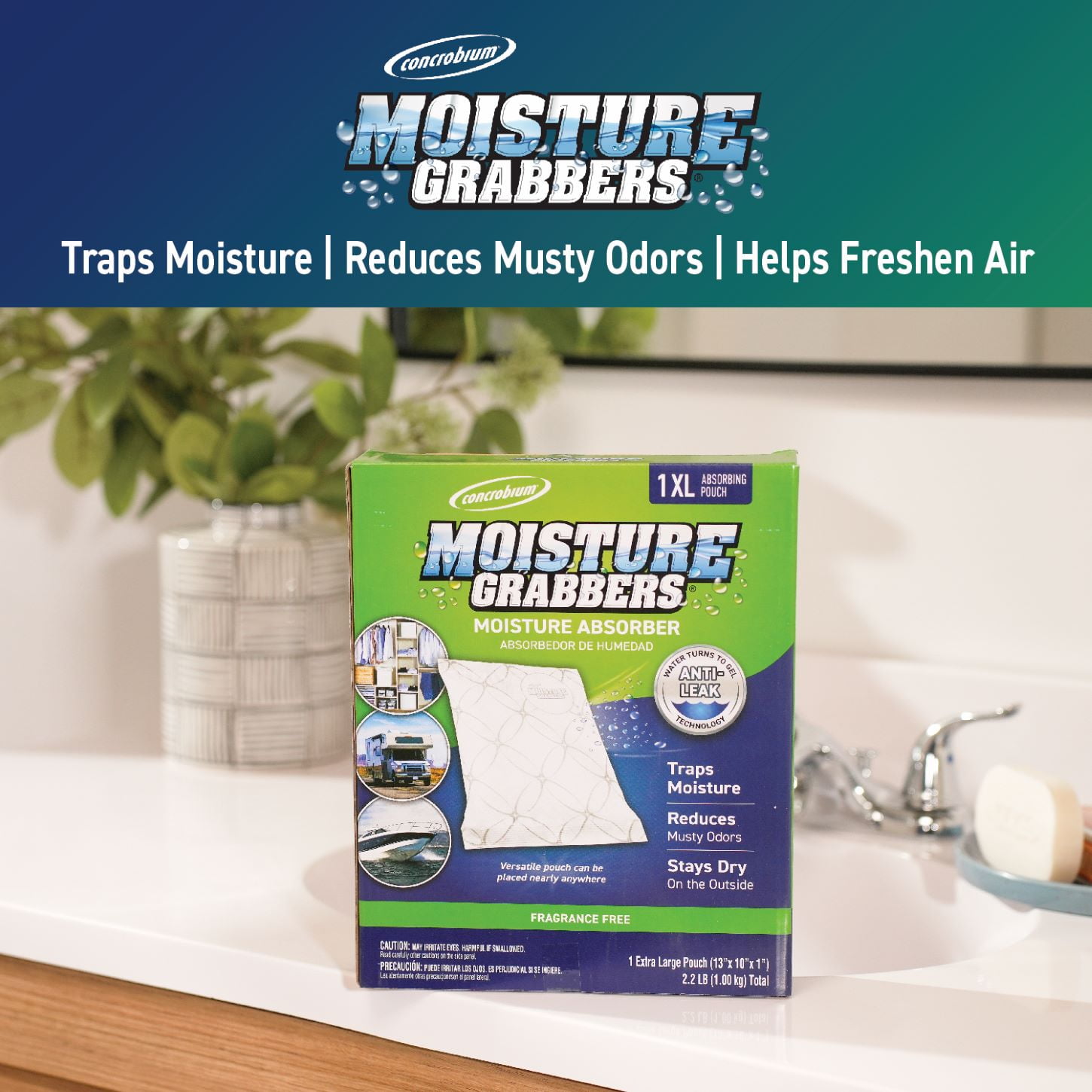 (4 pack) Concrobium Moisture Grabbers Moisture Absorbing Pouch, Fragrance Free, 1 XL Pouch