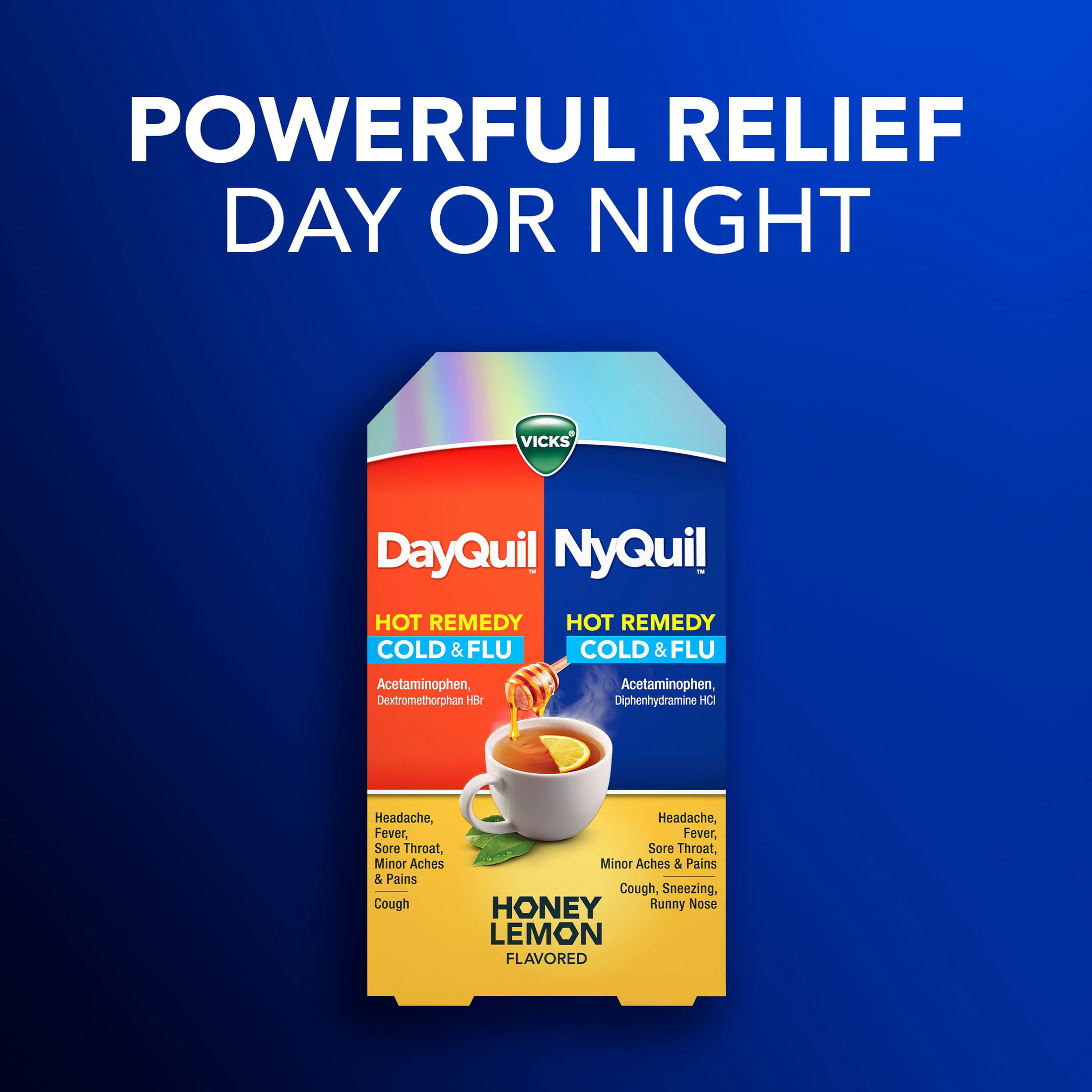 Vicks DayQuil and NyQuil Hot Remedy Cold & Flu Powder, Cold Medicine for Adults, 16 Count