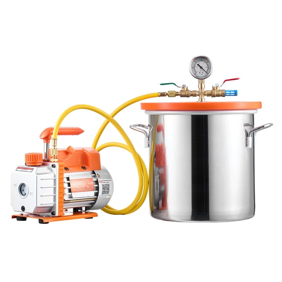 KFFKFF 5 Gallon Vacuum Chamber Kit with Pump, 3.5 CFM Single Stage Vacuum Pump, Stainless Steel Chamber with Tempered Glass Lid, 5 ft Hose, Ideal for Wood Stabilization and Silicone Resin Degassing