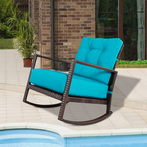Suncrown Outdoor Patio Rocking Chair Brown Wicker With Teal Cushions Com - Patio Glider Chairs With Cushions