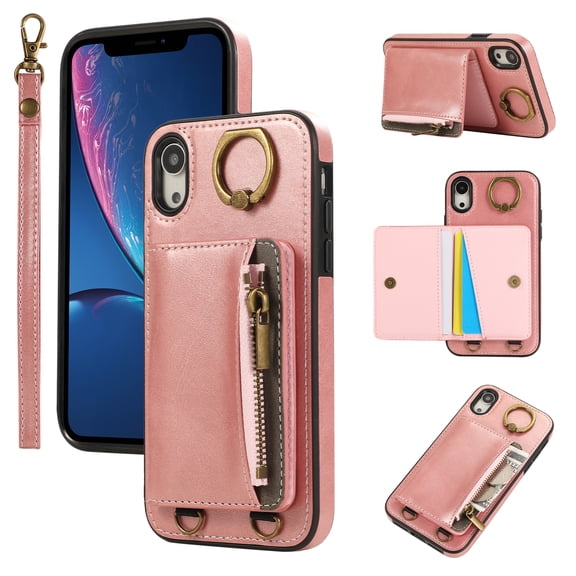 for iPhone XR PU Leather Case, Card Slots and Zipper Pocket Kickstand, Classic Protective Shockproof Lightweight Ultra Slim lip Case Finger Ring Wrist Strap for iPhone XR, Pink