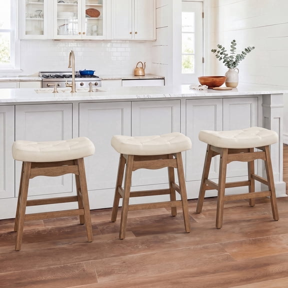 Carolayne 24 Inch Counter Height Bar Stools Set of 3, Upholstered PU Leather Saddle Seat with Solid Rubber Wood Legs for Kitchen Island, Ivory White