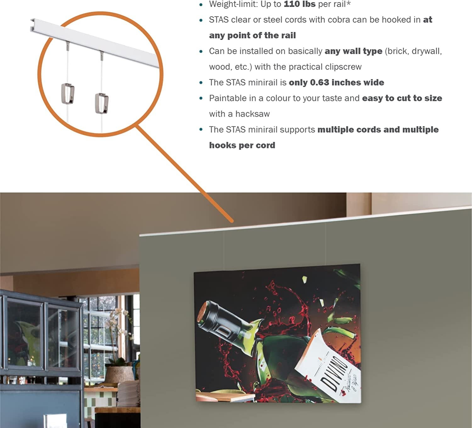 STAS Minirail Picture Hanging System Set - Covers 39.37 ft of Wall Space - Smallest Picture Rail & Art Hanging Gallery Kit for Art Display White Rails, Includes 16 Hooks & Cords