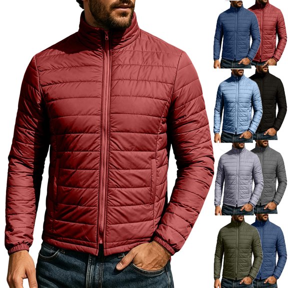 MexChoioe Mens Stand Collar Lightweight Puffer Jacket Full Zip Side Pockets Warm Fall Winter Puffer Outerwear for Mens