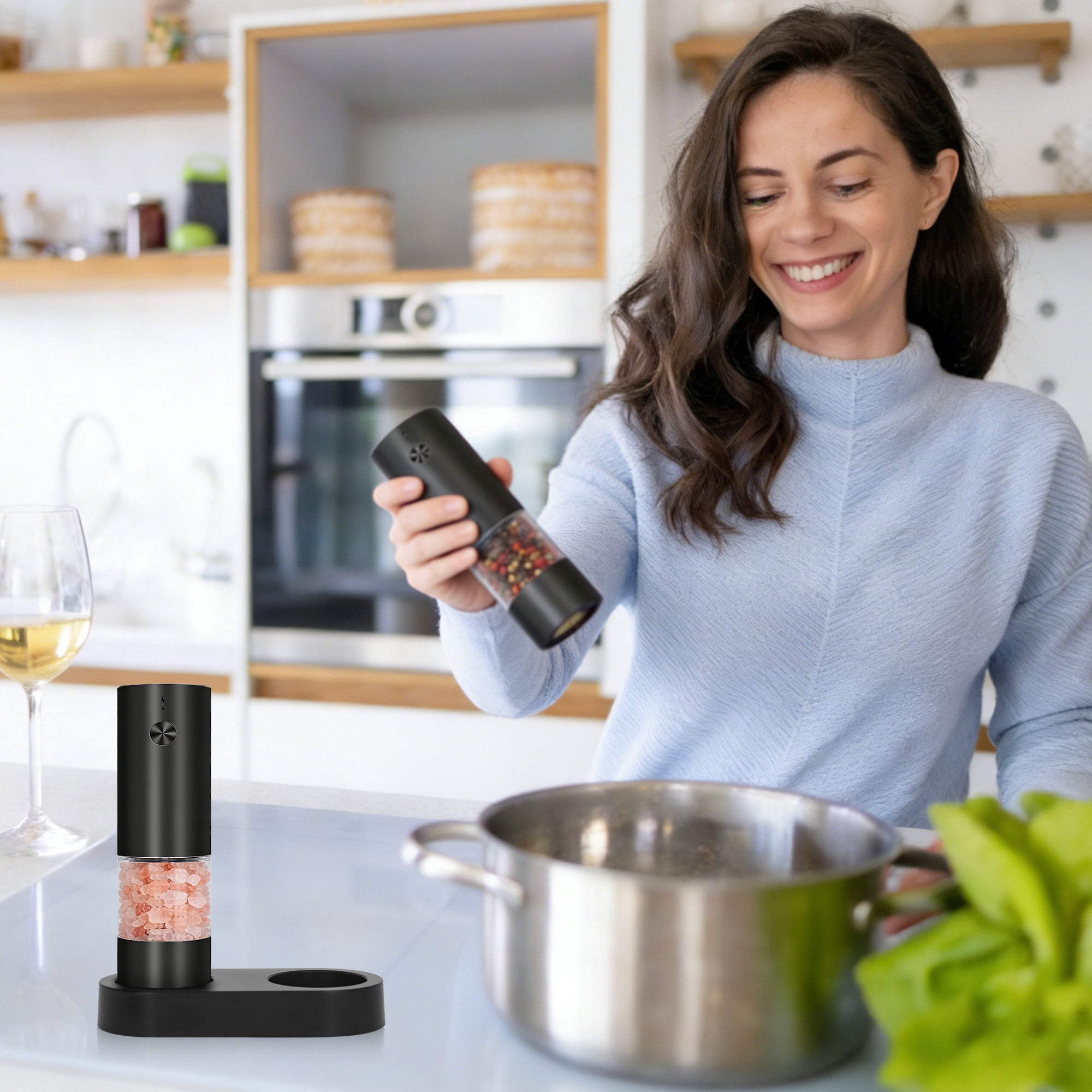 YOLETO Electric Pepper Grinder Set with Display Stand One Hand Operated USB C Rechargeable Adjustable Coarseness Ceramic Burr See Through Chamber (2 pack, Black)