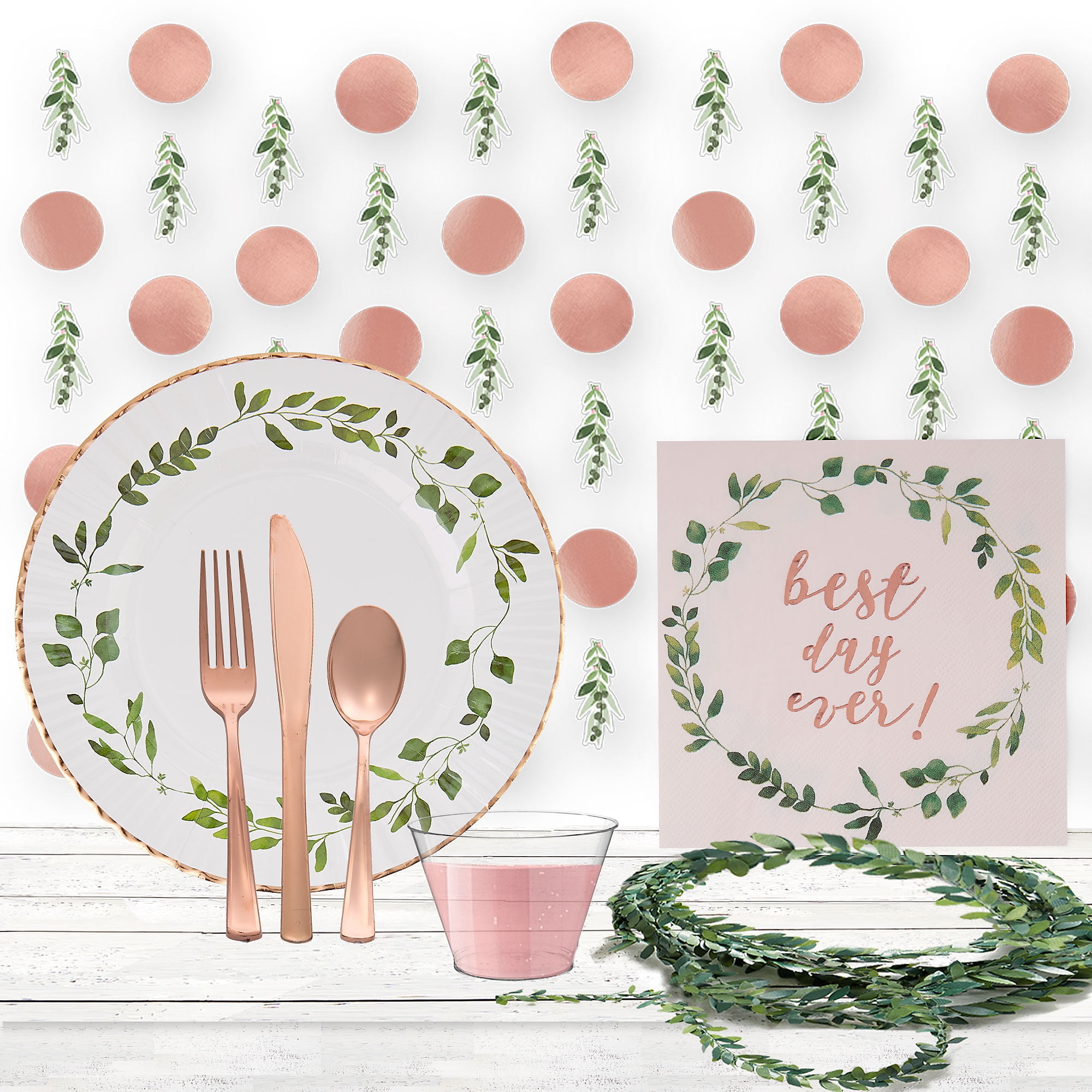 Party City Rose Gold and Greenery Wedding Party Supplies for 50 Guests