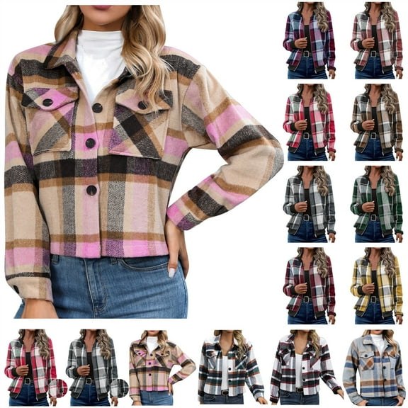 BiZtdJrK Womens Plaid Cropped Shacket Casual Button Down Shirts Jackets Fall Winter Long Sleeve Fashion Coats with Pockets, Pink, M