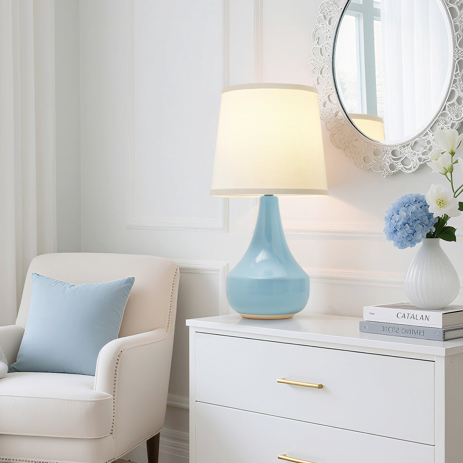 NATYSWAN Table Lamp Set of 2, 21.8” Ceramic Lamp Classic Beside Lamps Nightstand Lamp Modern Cute Lamp for Living Room, Bedroom & Office Rocker Swtich Cream-LED Bulbs Included