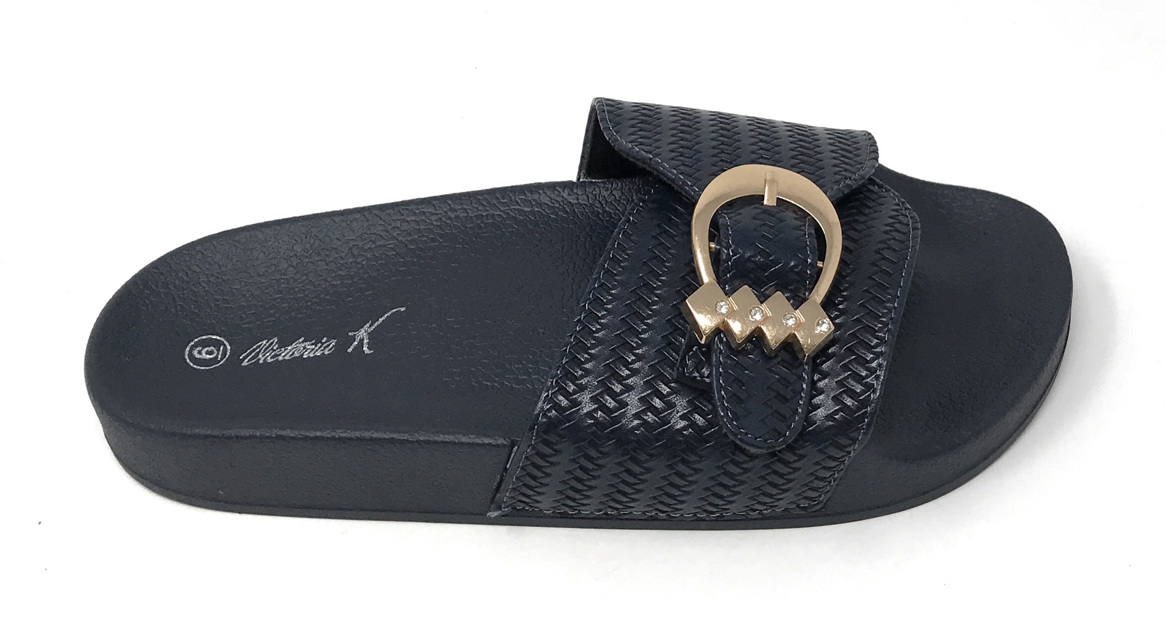 Victoria K Women's Weaved Texture Gold Buckle Slider Sandals