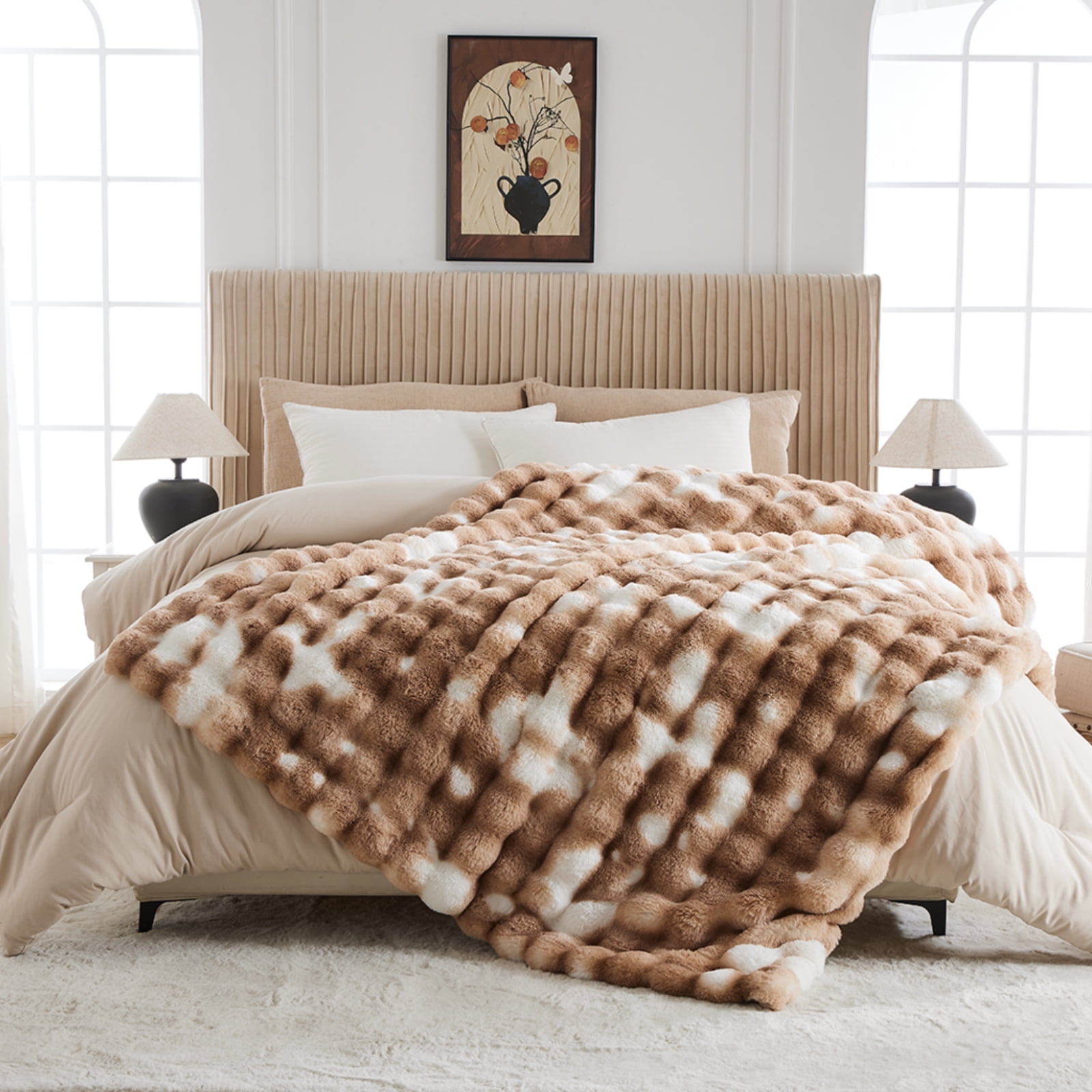 GEMBED Faux Fur Throw Blanket for Bed Fuzzy Soft Plush Thick Bubble Blanket for Living Room, 90x90 inches, Tie Dye Brown