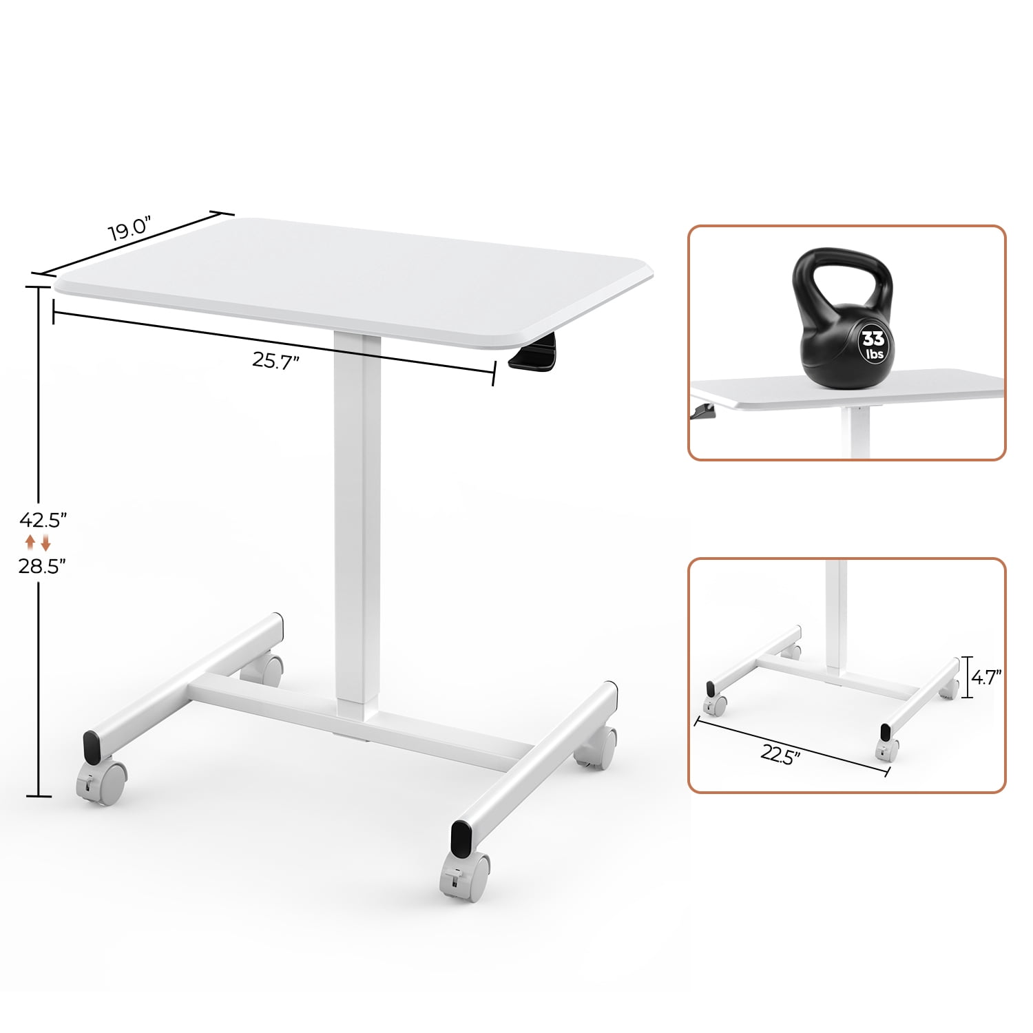 MAYEERTY Mobile Laptop Stand Rolling Desk with Adjustable Height for Home, Office, White