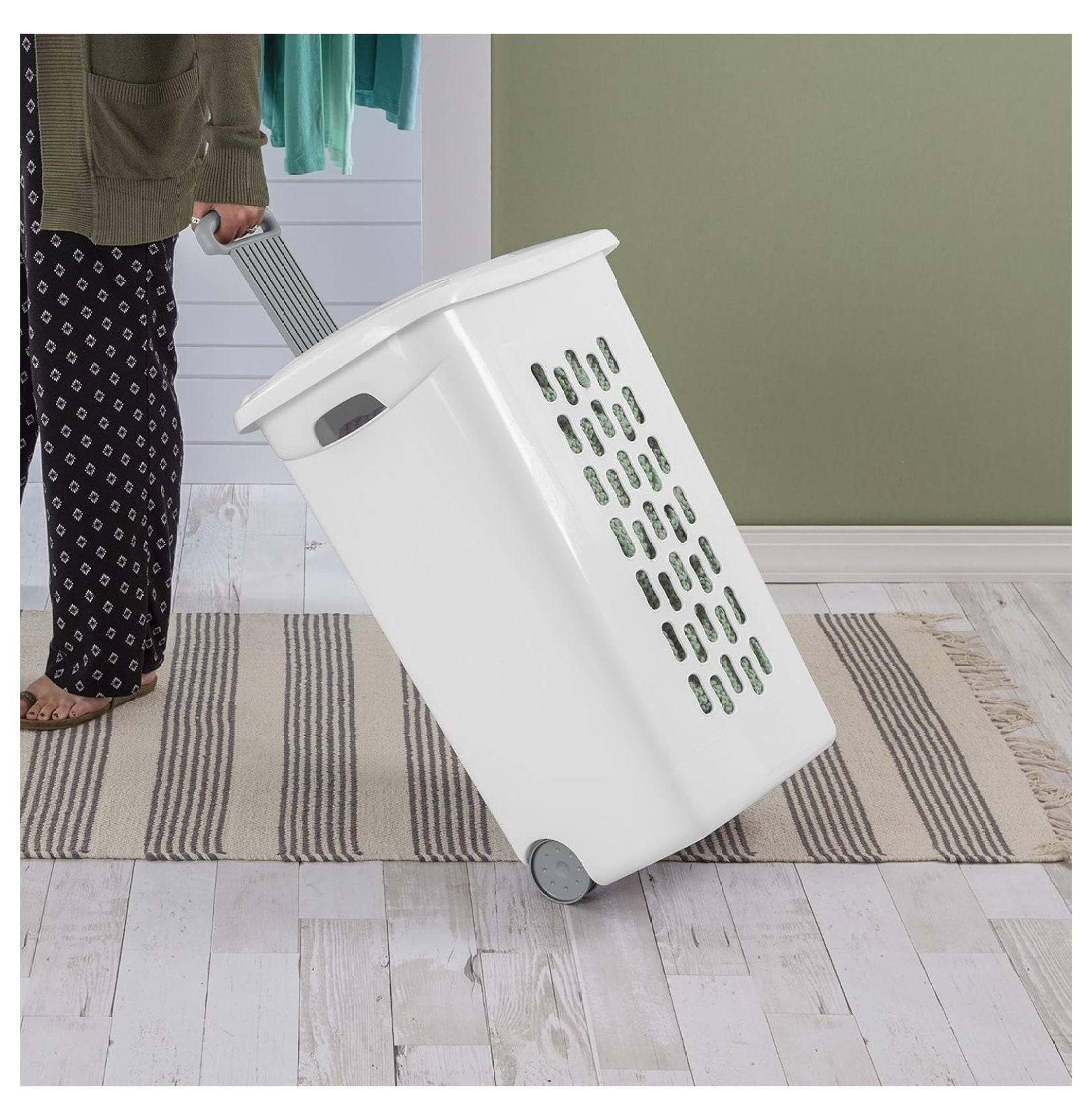 Ultra Wheeled Laundry Hamper with Lid, Handle and Wheels for Easy Rolling of Clothes to and from The Laundry Room, Plastic, White, 1-Pack