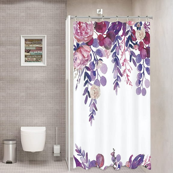 Stall Purple Floral Eucalyptus Shower Curtain Watercolor Blooming Flowers Botanical Leaves 36Wx72H Inch Tropical Elegant Vintage Nature Waterproof Polyester Fabric Bathroom Bathtub