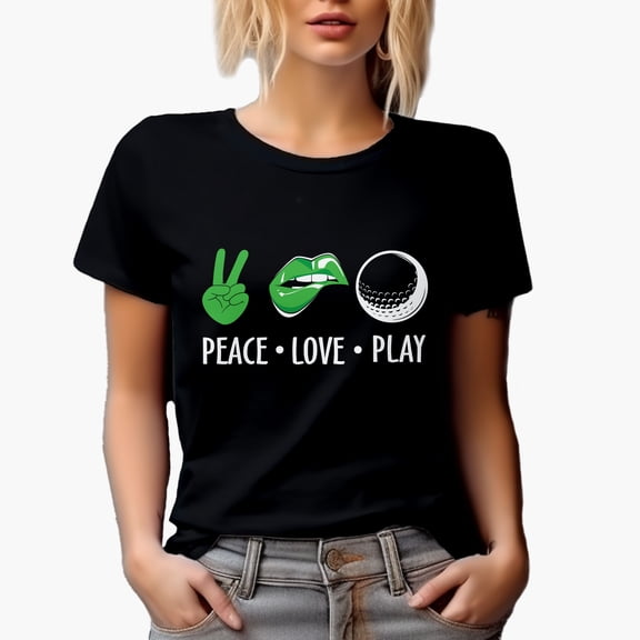 Peace Love Play with a Hand, Lip & Ball, Golf Player, Golfing or Golfer Themed Merch Gift, Black T-Shirt, Small