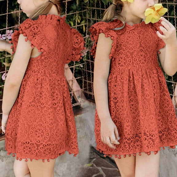SDJMa Toddler Kids Baby Girls Elegant Lace Pom-Pom Flutter-Sleeve Party Princess Dress