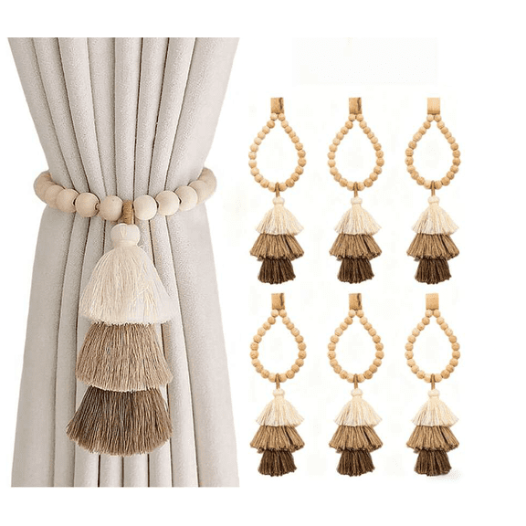 6 PCS Magnetic Wooden Bead Curtain Tiebacks Simple Elegant Magnetic Tassel Curtain Tie Backs for Bedroom Window Treatment
