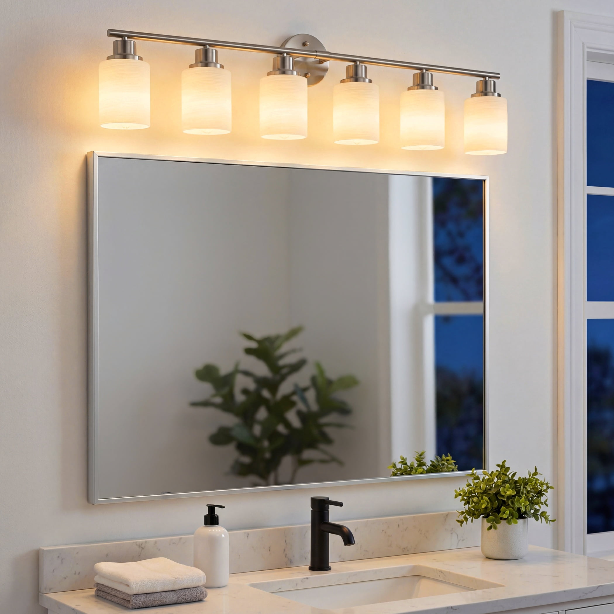 39" Modern 6-Light Brushed Nickel Vanity Light - Frosted Glass Wall Sconce for Bathroom & Hallway (Bulbs Not Included)
