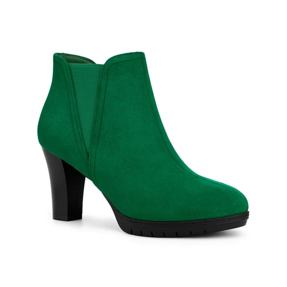 BLISSFUL STEP Women's Ankle Boots Chelsea Platform Chunky Heel Round Toe Faux Suede Boots Emerald Green 5.5