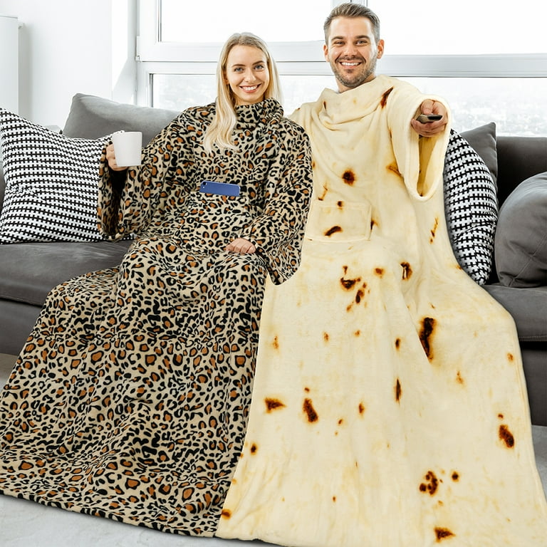 PAVILIA Wearable Blanket with Sleeves for Adults Women Men Leopard Fleece Soft Warm Full Body Wrap Throw Front Pocket Cozy Robe Blanket with Arm Gifts for Christmas Mom Wife Walmart