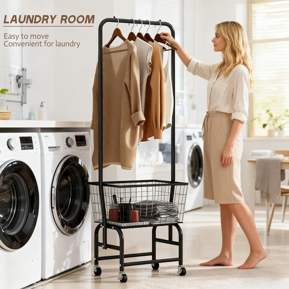 Laundry Cart with Clothes Rack, Rolling Laundry Butler with Wire Storage Rack, Black