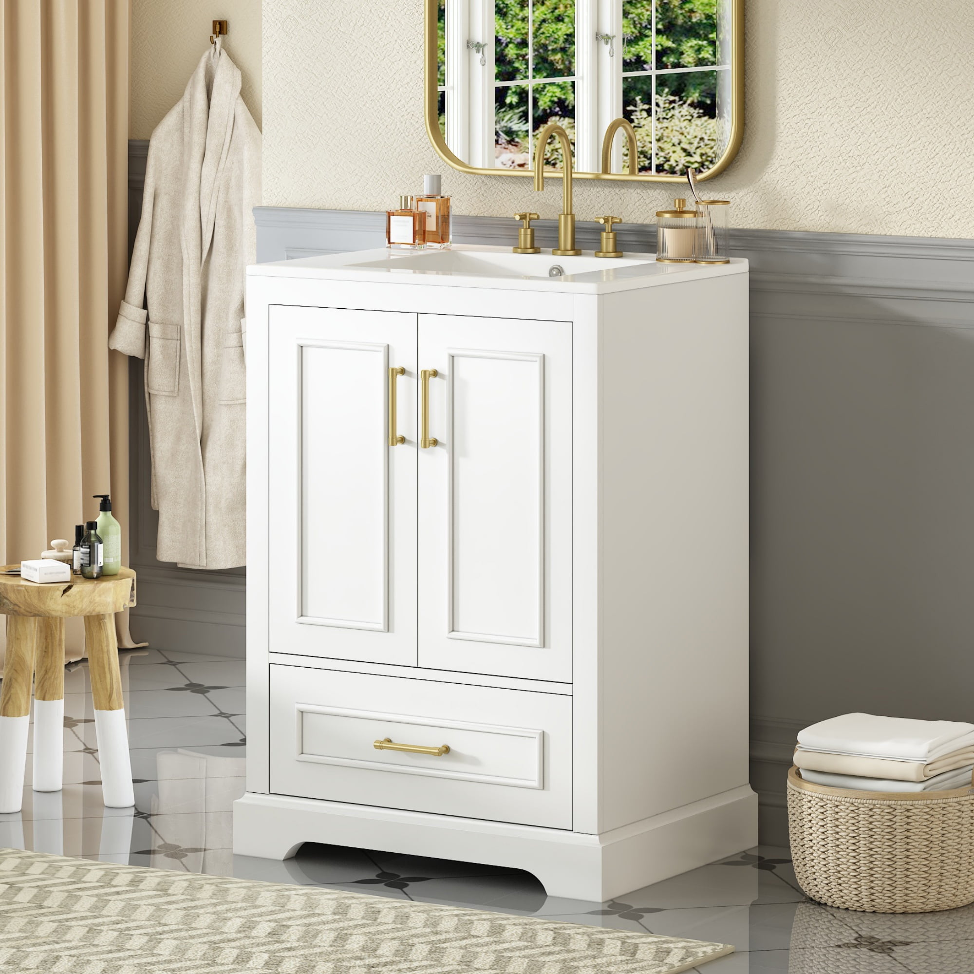 24" Durable Solid Wood Frame Bathroom Vanity with Storage, Modern Minimalist Bathroom Vanity with Ceramic Sink, Freestanding Storage Cabinet with Soft Close Doors for Bathroom Organization, White