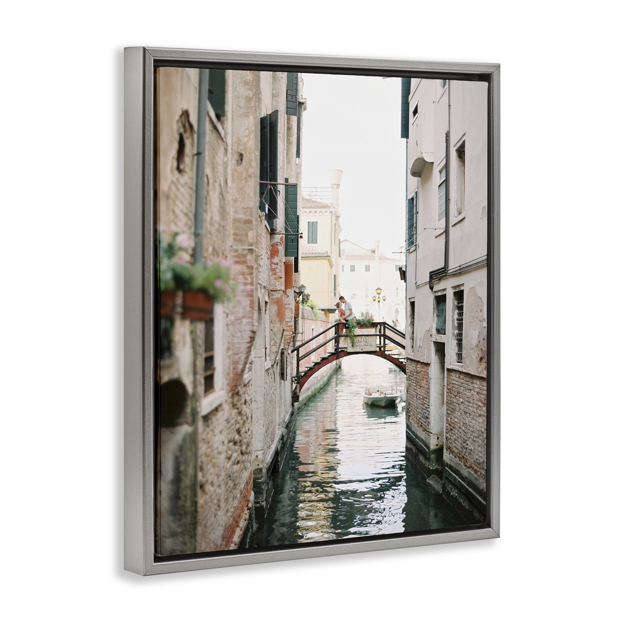 Stupell Industries Couple on Canal Bridge Town & City Photography Gray Floater Framed Art Print Wall Art, 25 x 31