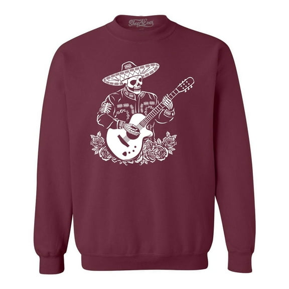 Shop4Ever Men's Mariachi Skeleton Guitar Crewneck Sweatshirt XX-Large Maroon
