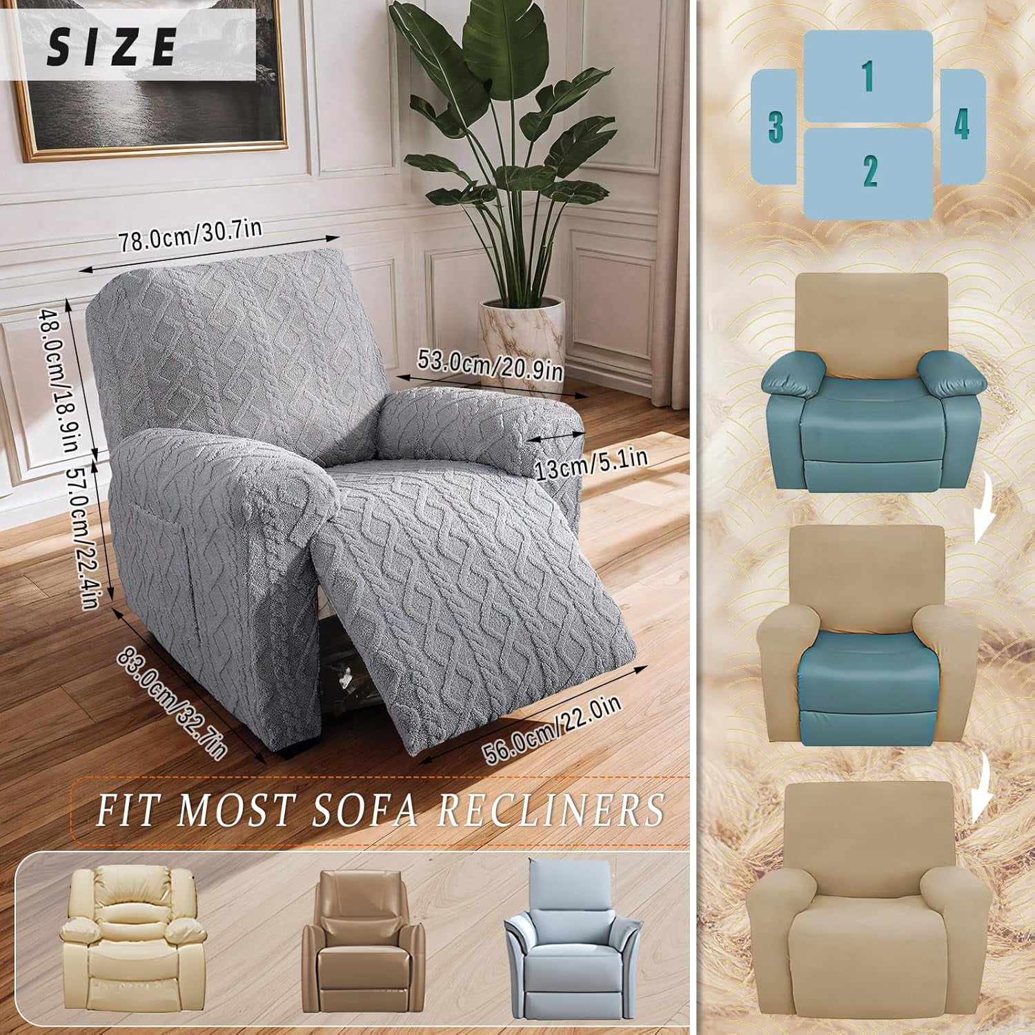 Solennerer Recliner Chair Covers 4-Pieces Reclining Chair Slipcovers with Pocket& Elastic Bottom, Soft Feel Fitted Lazy Boy Sofa Couch Cover Washable, Stretch Recliner Furniture Protector