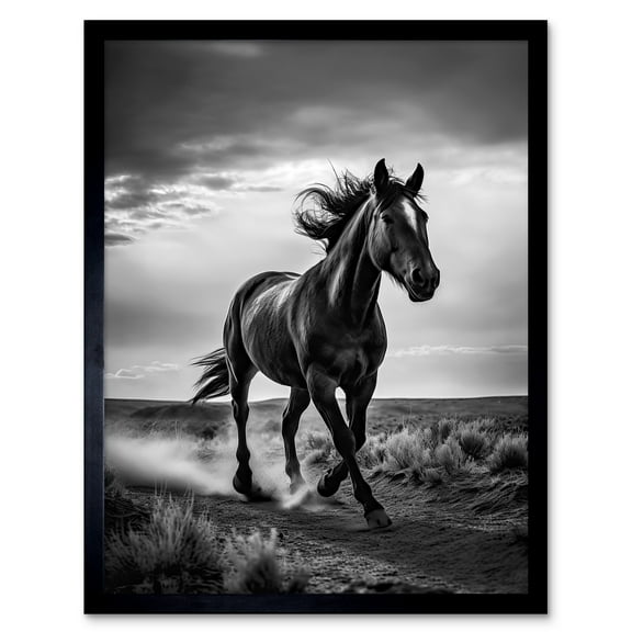 Horse Galloping Desert Landscape Black and White Art Print Framed Poster Wall Decor 12x16 inch